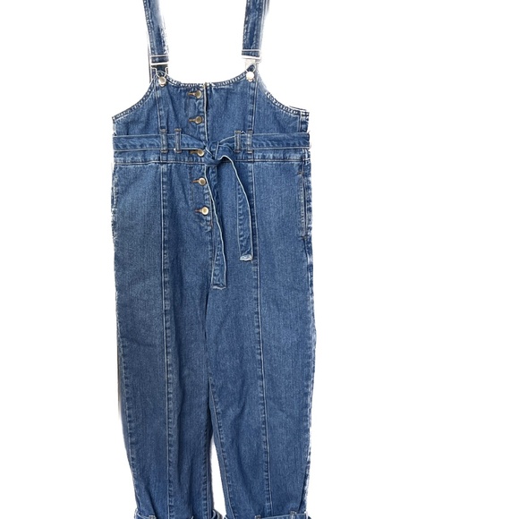 Urban Revivo Jeans Bib Blue Medium Wash Denim Tie Leg Size 12 Belt 100% Cotton - Picture 2 of 9